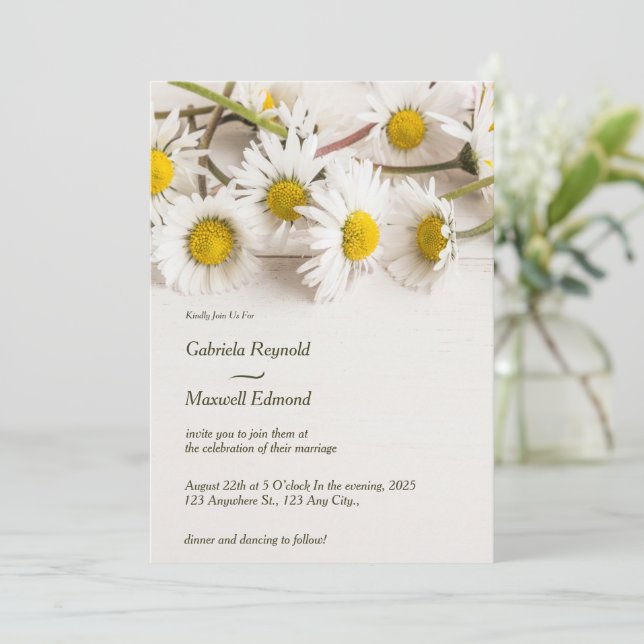 Minimalist Modern Nature White Daisy Wedding Invitation (Standing Front)