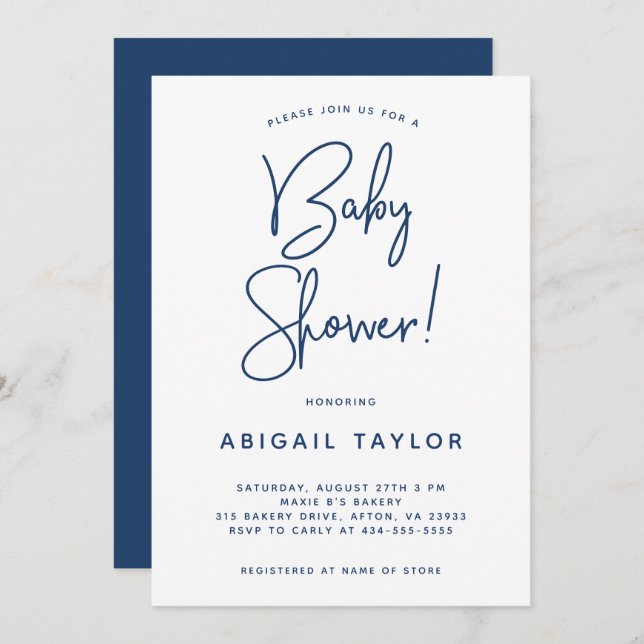 Minimalist Modern Navy Blue Baby Shower Invitation (Front/Back)