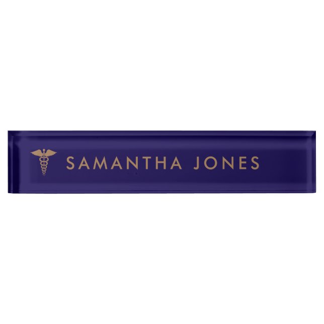 Minimalist Modern Navy Blue Gold doctor Nameplate (Front)