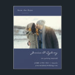 Minimalist Modern Navy Blue Photo Save The Date Postcard<br><div class="desc">Announce your special day with this Elegant Photo Save the Date Postcard, featuring a clean, modern design with a navy blue backdrop and space for your favourite photo. Personalise it with your names, wedding date, location, and website to keep your guests informed and excited. Perfect for couples who love timeless...</div>