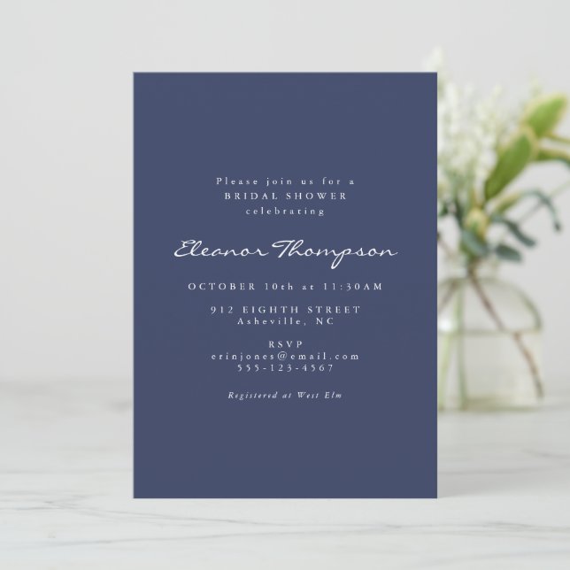 Minimalist Modern Navy Blue Script Bridal Shower Invitation (Standing Front)