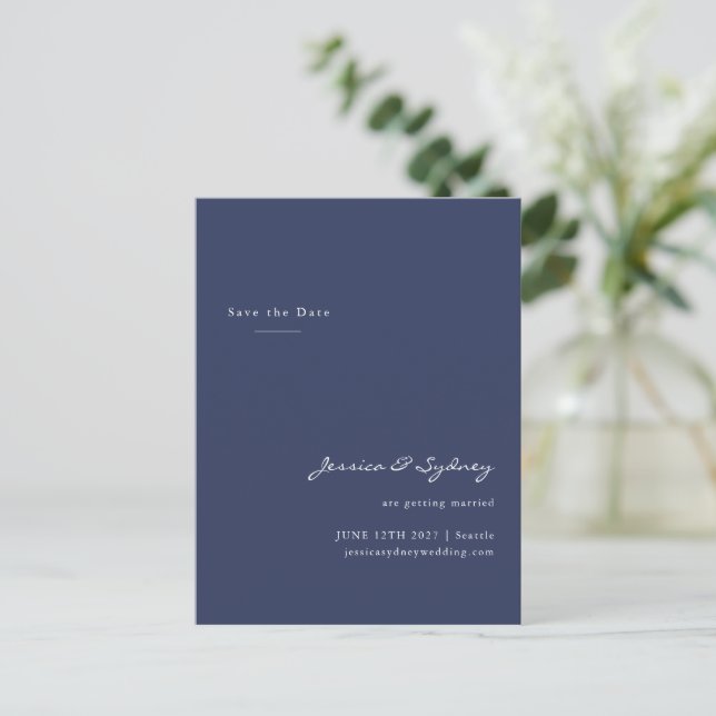 Minimalist Modern Navy Blue Script Save The Date Postcard (Standing Front)
