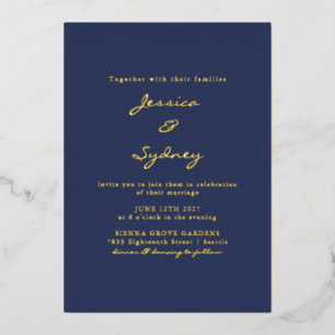 Minimalist Modern Navy Blue Script Wedding Gold 