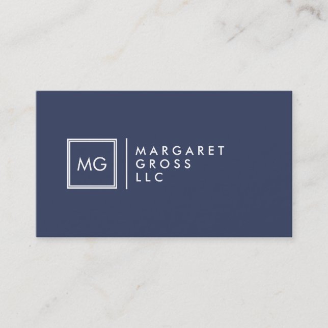 Minimalist Modern Navy-Blue & White Reversible Business Card (Front)