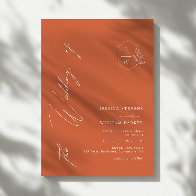 Minimalist Modern Orange Monogram Crest Wedding Invitation (Creator Uploaded)