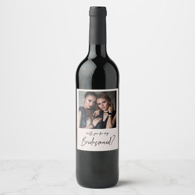 Minimalist Modern Photo Bridesmaid Proposal Wine L Label (Front)
