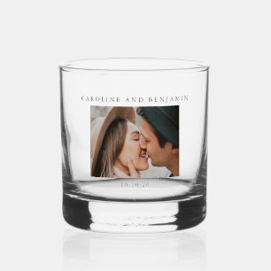 Minimalist Modern Photo Custom Wedding Name Date Whiskey Glass
