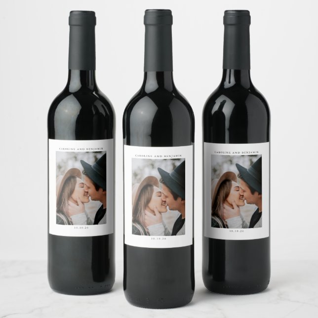 Minimalist Modern Photo Custom Wedding Name Date Wine Label (Bottles)