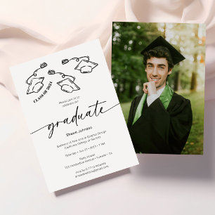 Minimalist Modern Photo Hand-drawn Hats Graduation Invitation