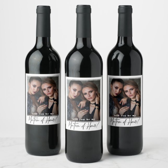 Minimalist Modern Photo Matron of Honour Proposal  Wine Label (Bottles)