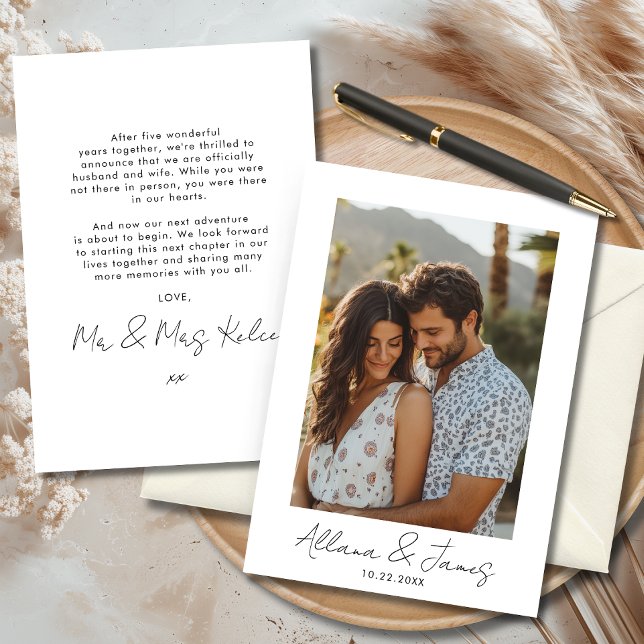 Minimalist Modern Photo Wedding Announcement Card (Minimalist modern wedding announcement card with couple photo and elegant typography design.)