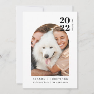 Minimalist Modern Pink Arch Couple Dog Fun Photo Holiday Card