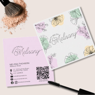 Minimalist Modern Pink Gold Green Floral Line Art Square Business Card