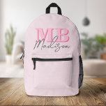 Minimalist Modern Pink Initial Monogram Printed Backpack<br><div class="desc">Create your own personalised backpack with modern minimalist initials and script calligraphy monogram name.</div>