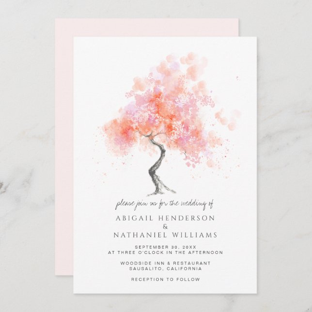 Minimalist Modern Pink Tree Watercolor Wedding Invitation (Front/Back)