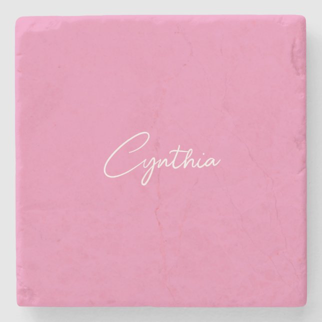  Minimalist Modern Plain Calligraphy Add Name Pink Stone Coaster (Front)