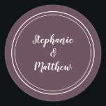Minimalist Modern Purple Wedding Bride Groom Favou Classic Round Sticker<br><div class="desc">Simple, minimalist and chic Wedding design features bride & groom's names in a modern design with a double framed border in white on a trendy dark purple background. The modern design is simple and chic. Personalise wedding details with your names in crisp white script. Be sure to see the collection...</div>