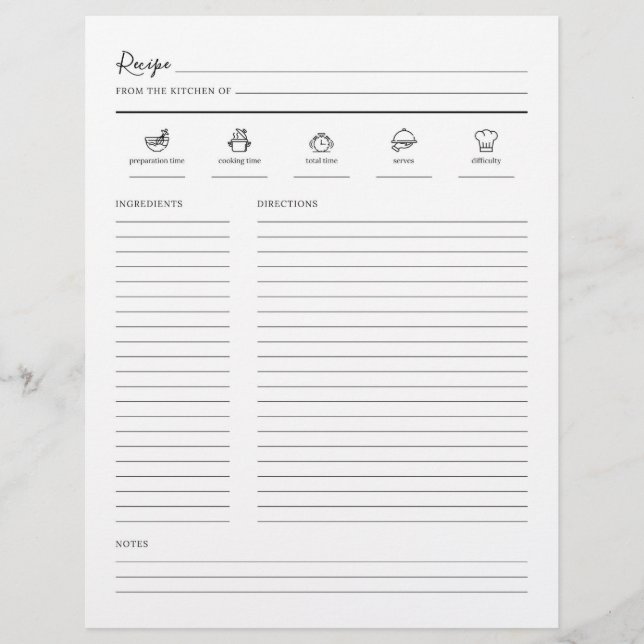 Minimalist Modern Recipe Sheet Cookbook Page (Front)