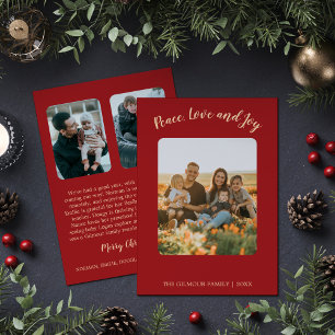 Minimalist Modern Red 3 Photo Peace Joy Love News Holiday Card