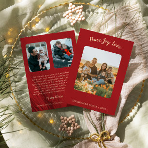 Minimalist Modern Red 3Photo Peace, Joy, Love News Holiday Card