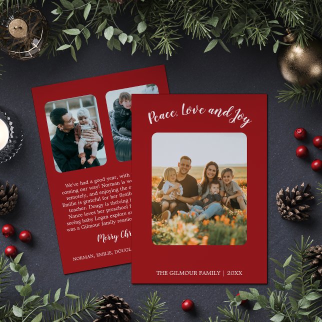 Minimalist Modern|Red 3Photo Peace Joy Love Update Holiday Card (Creator Uploaded)