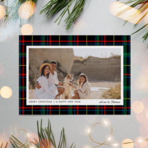 Minimalist Modern Red + Green Plaid 1 Photo  Holiday Card
