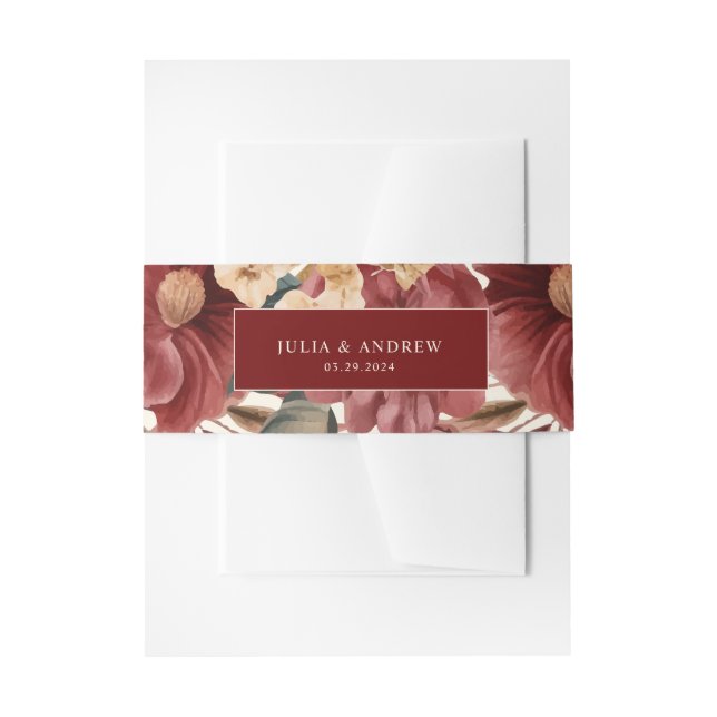 Minimalist modern red maroon wedding  invitation belly band (Front Example)