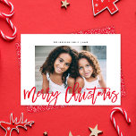Minimalist Modern Red Script Merry Christmas Photo Holiday Card<br><div class="desc">This modern yet elegant holiday photo card features a single horizontal photo over a classic white background with a greeting in red script which says "Merry Christmas". The back of the card is a coordinating red colour, but can be customised if desired. You can also add another photo to the...</div>