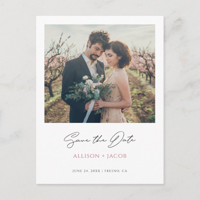 Minimalist Modern Rose Gold Photo Save The Date Invitation Postcard (Front)