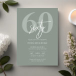 Minimalist Modern Sage 60th Birthday Party Invitation<br><div class="desc">This minimalist typography 60th birthday party invitation is perfect for a modern birthday party. The simple design features classic white text with sage background. Customisable in any colour. Keep the design minimal and elegant, as is, or personalise it by adding your own graphics and artwork. For more advanced customisation of...</div>