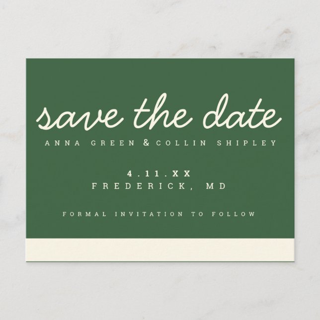 Minimalist Modern Sage & Cream Save the Date Postcard (Front)