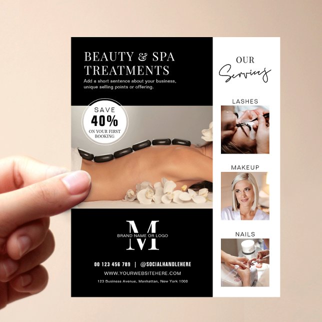 Minimalist Modern Salon Beauty Business Marketing Flyer (Modern business flyer design with photo collage, your special discount and custom text)