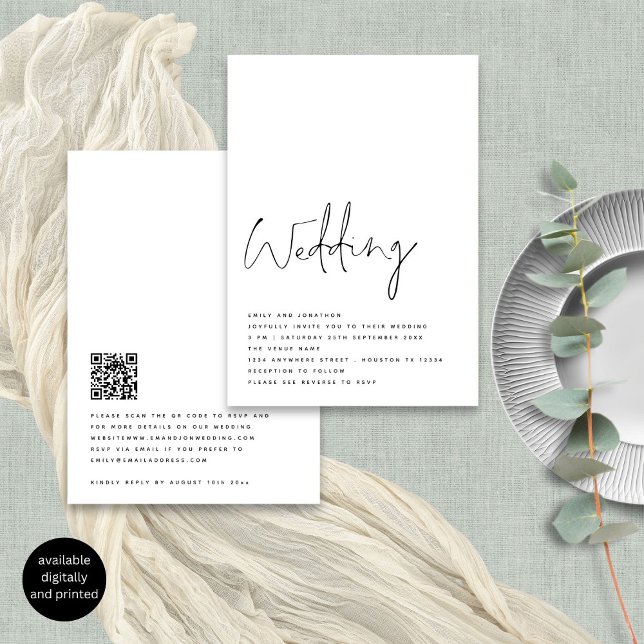 Minimalist Modern Script Black White Wedding Invitation (Front and back view)