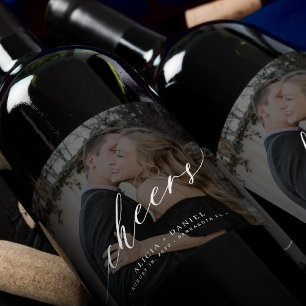 Minimalist modern script cheers photo wedding wine label
