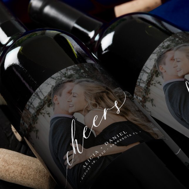 Minimalist modern script cheers photo wedding wine label (Creator Uploaded)