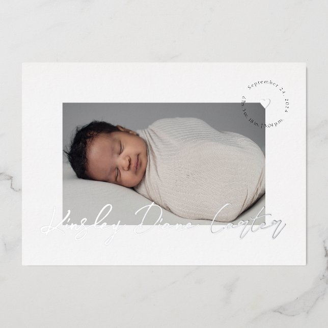Minimalist + Modern Script Foil Birth Announcement (Front)