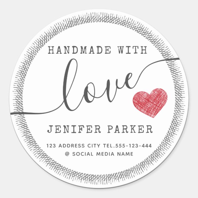 Minimalist modern script handmade red heart classic round sticker (Front)