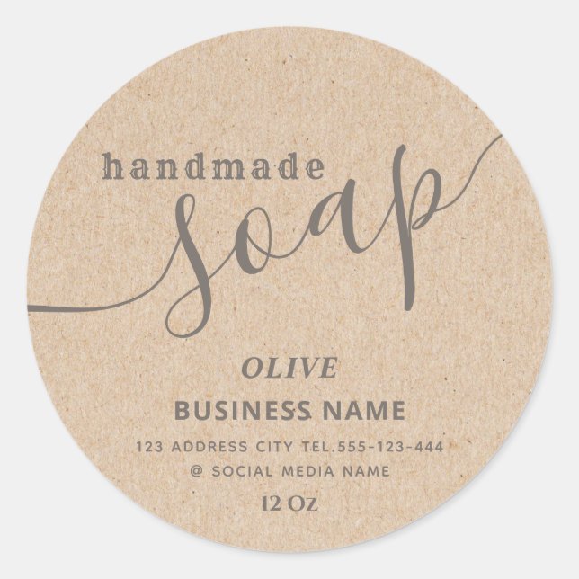 Minimalist modern script handmade soap kraft class classic round sticker (Front)