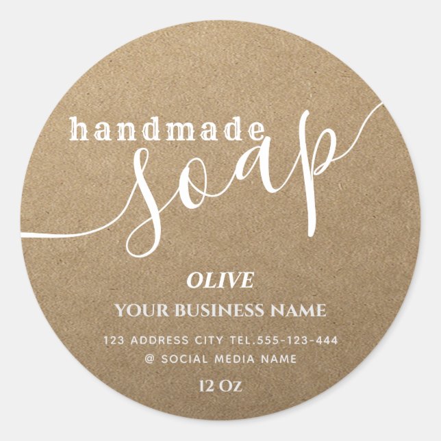 Minimalist modern script handmade soap kraft classic round sticker (Front)