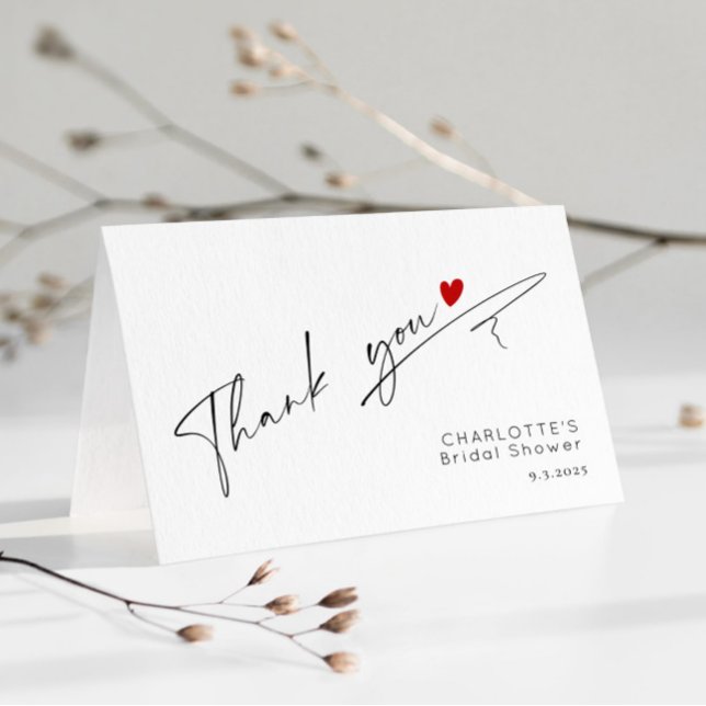 Minimalist modern script heart Bridal Shower Thank You Card (Creator Uploaded)