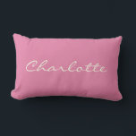 Minimalist Modern Script in Pink Personalised    Lumbar Cushion<br><div class="desc">This custom throw pillow features your name in beautiful handwritten script lettering on a stylish pink background. Great gift idea.</div>