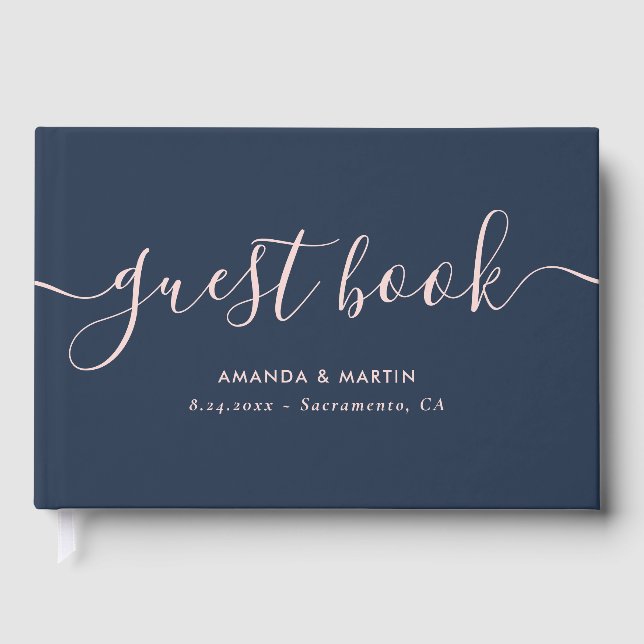 Minimalist Modern Script Navy and Blush Wedding Guest Book (Front)