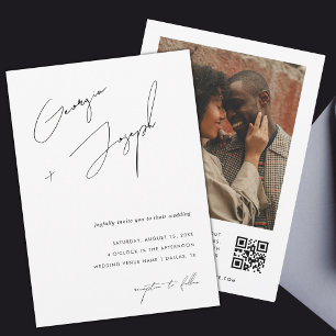 Minimalist Modern Script Photo QR Code Wedding Invitation