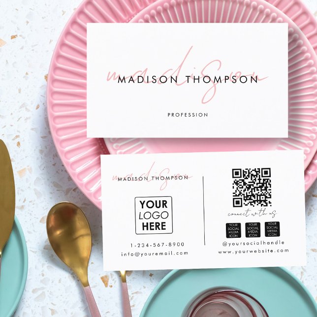 Minimalist Modern Script QR Code Social Media Logo Business Card (Minimalist Modern Script QR Code Social Media Logo Business Card)