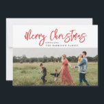 Minimalist Modern Script Red Merry Christmas Photo Holiday Card<br><div class="desc">Elegant and simple holiday card featuring your photo paired with modern type. The back features a seamless 2 photo collage with room for your own personalised sentiment. All text and colours are editable.</div>