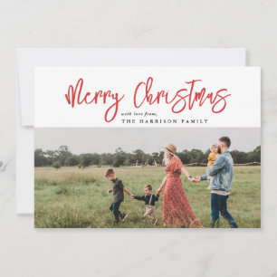 Minimalist Modern Script Red Merry Christmas Photo Holiday Card