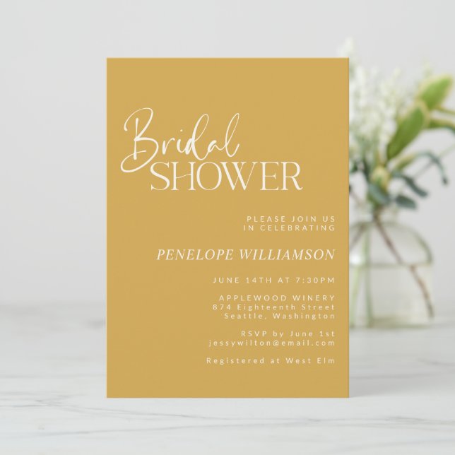 Minimalist Modern Script Yellow Bridal Shower Invitation (Standing Front)