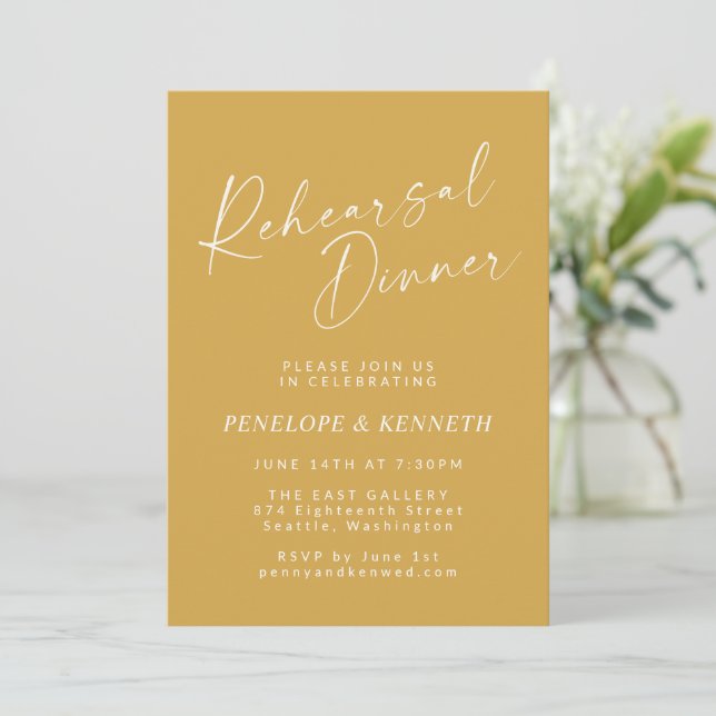 Minimalist Modern Script Yellow Rehearsal Dinner Invitation (Standing Front)