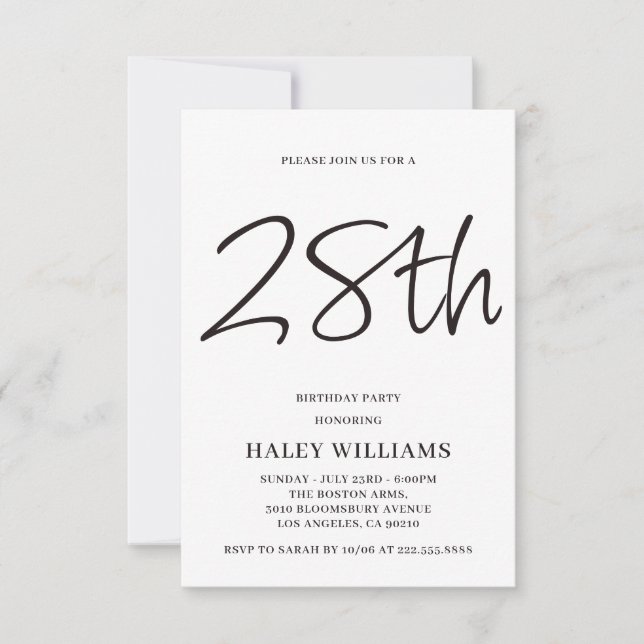 Minimalist Modern Simple Calligraphy 28th Birthday Invitation (Front)