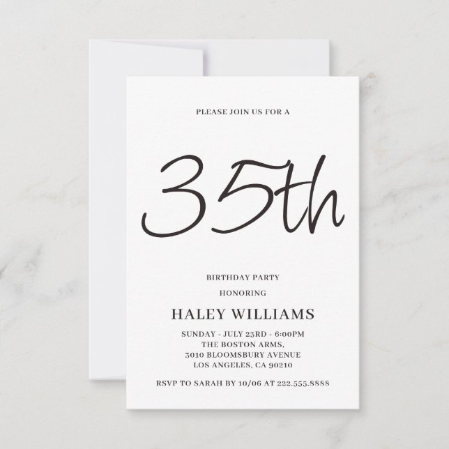 Minimalist Modern Simple Calligraphy 35th Birthday Invitation (Front)